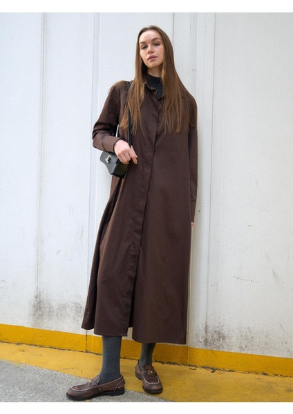 Poplin Oversize Uzun Gömlek Elbise Kahverengi