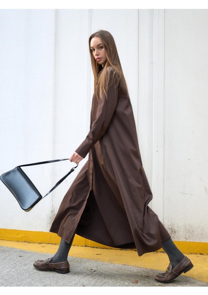 Poplin Oversize Uzun Gömlek Elbise Kahverengi