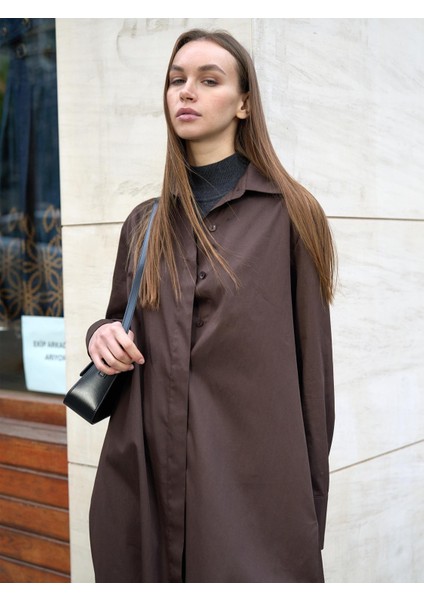 Poplin Oversize Uzun Gömlek Elbise Kahverengi