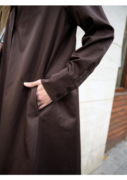 Poplin Oversize Uzun Gömlek Elbise Kahverengi