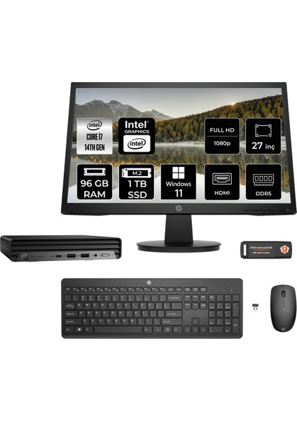 Pro Mini 400 G9 Intel Core I7 14700T 96GB 1tb SSD 27" Fhd Monitör Windows 11 Pro Mini Masaüstü Bilgisayar & Per4 USB Bellek 9H6W0ETMNT378