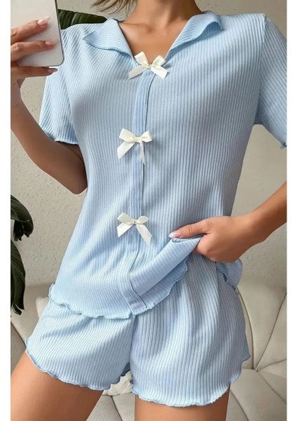 V Yaka Pamuklu Fiyonk Detaylı Pijama Takımı