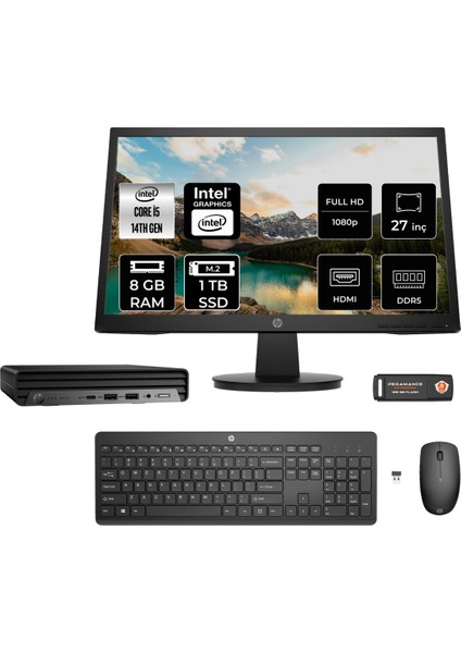 Pro Mini 400 G9 Intel Core I5 14500T 8gb 1tb SSD 27" Fhd Monitör Fdos Mini Masaüstü Bilgisayar & Per4 USB Bellek 9H6W8ETMNT303