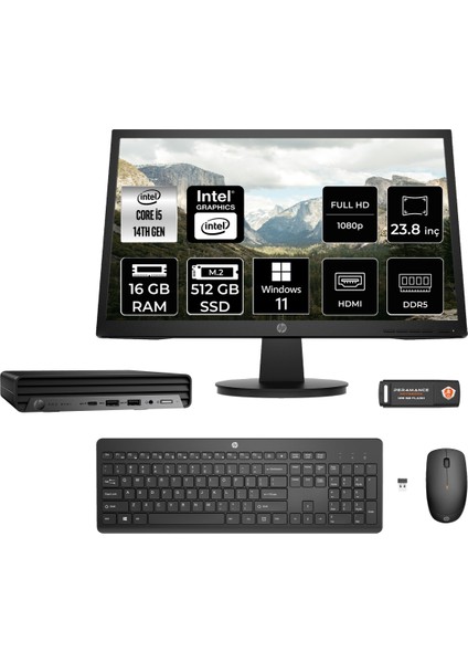 Pro Mini 400 G9 Intel Core I5 14500T 16GB 512GB SSD 23.8" Fhd Monitör Windows 11 Home Mini Masaüstü Bilgisayar & Per4 USB Bellek 937R4EAMNT347