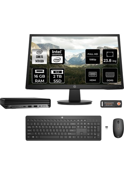 Pro Mini 400 G9 Intel Core I5 14500T 16GB 2tb SSD 23.8" Fhd Monitör Fdos Mini Masaüstü Bilgisayar & Per4 USB Bellek 9H6W8ETMNT309