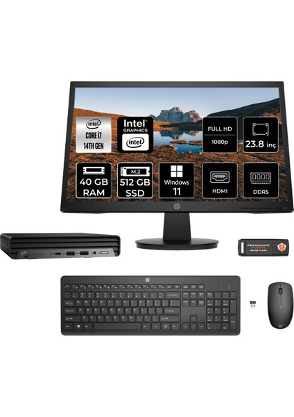 Pro Mini 400 G9 Intel Core I7 14700T 40GB 512GB SSD 23.8" Fhd Monitör Windows 11 Pro Mini Masaüstü Bilgisayar & Per4 USB Bellek 9H6W0ETMNT362