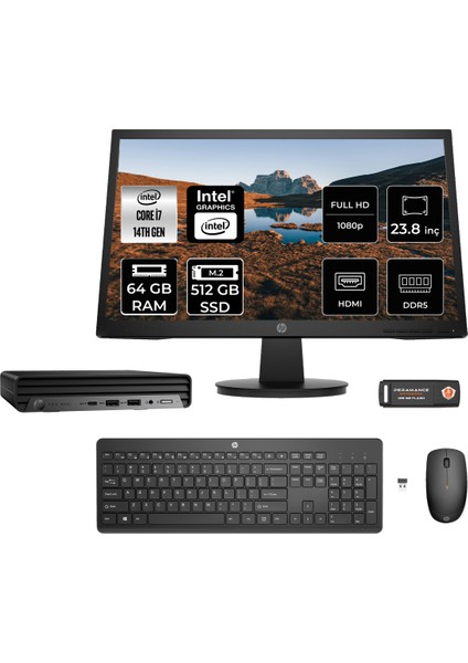 Pro Mini 400 G9 Intel Core I7 14700T 64GB 512GB SSD 23.8" Fhd Monitör Fdos Mini Masaüstü Bilgisayar & Per4 USB Bellek 9H6W3ETMNT332