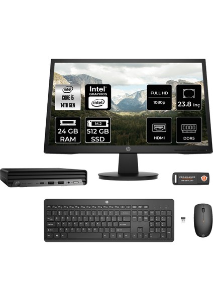 Pro Mini 400 G9 Intel Core I5 14500T 24GB 512GB SSD 23.8" Fhd Monitör Fdos Mini Masaüstü Bilgisayar & Per4 USB Bellek 937R4EAMNT312