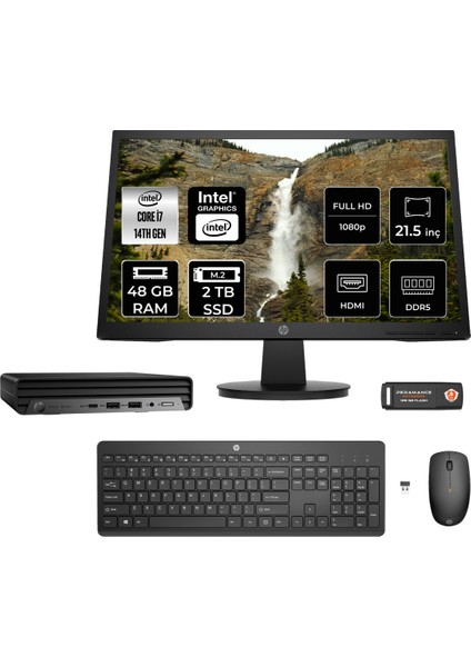Pro Mini 400 G9 Intel Core I7 14700T 48GB 2tb SSD 21.5" Fhd Monitör Fdos Mini Masaüstü Bilgisayar & Per4 USB Bellek 9H6W3ETMNT329