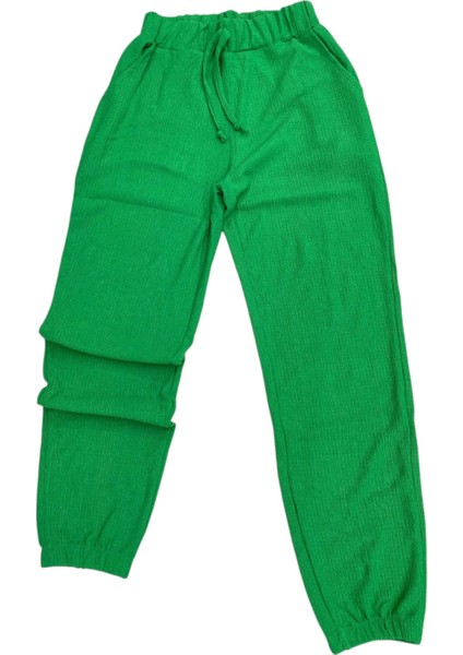 Bürümcük Kumaş Beli ve Paçası Lastikli Yeşil Kadın Pantolon