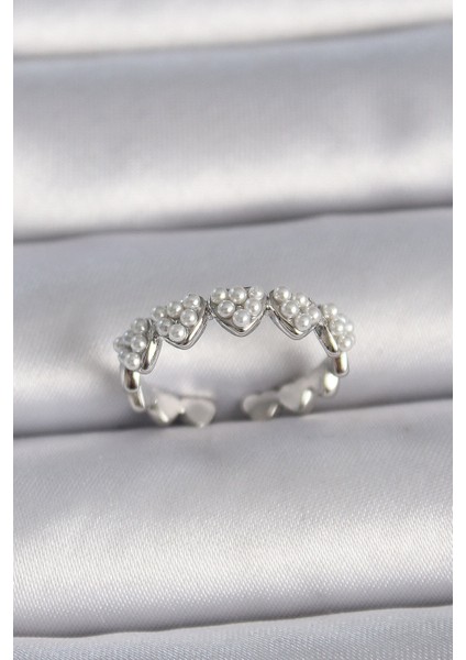 Pirinç Gümüş Renk Ayarlanabilir İncili Kalp Model Kadın Yüzük - Lisinya