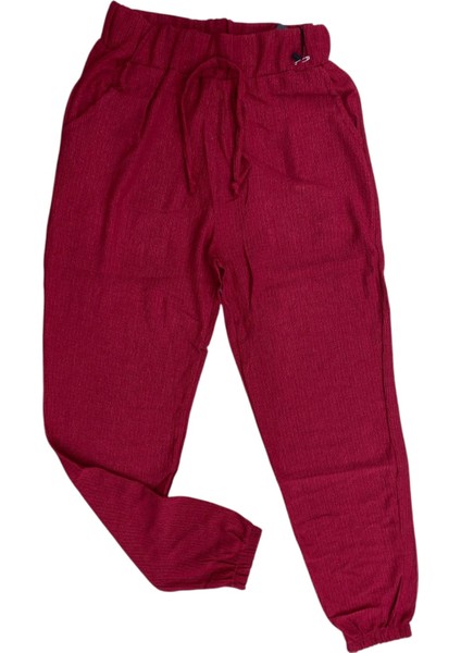 Bürümcük Kumaş Beli ve Paçası Lastikli Kırmızı Kadın Pantolon