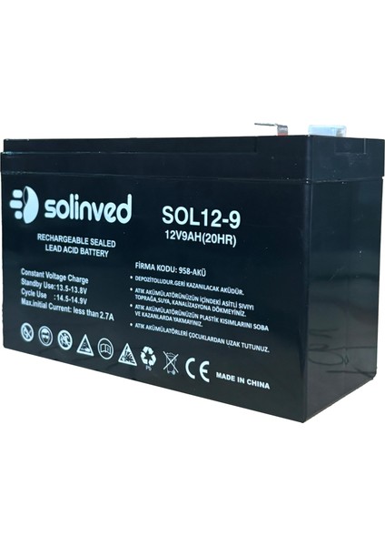 SOLİNVED 12V 9AH Ups ve Alarm Aküsü