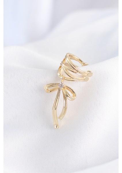Pirinç Gold Renk Zirkon Taş Detay Fiyonk Model Earcuf Küpe - Lisinya