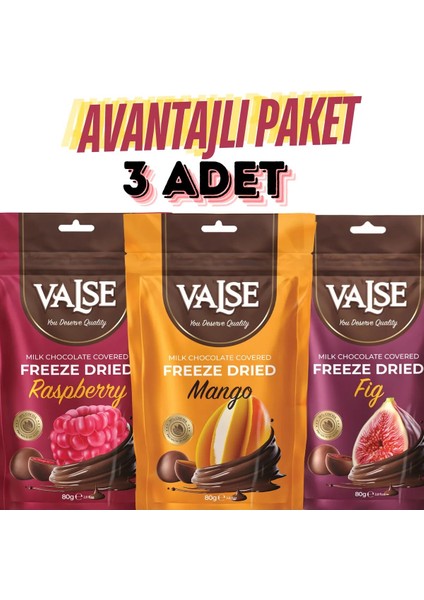 80 gr x 3 Adet Sütlü Çikolata Kaplı Ahududu Draje,Mango,İncir