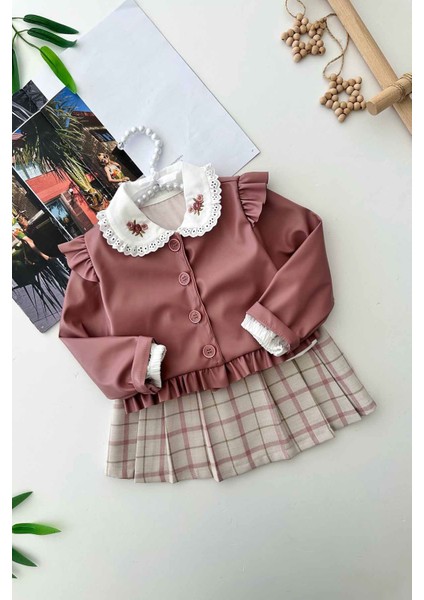 Yaka Nakış Detaylı Suni Deri Ceketli Kız Çocuk Şort etekli takım - Gül Kurusu