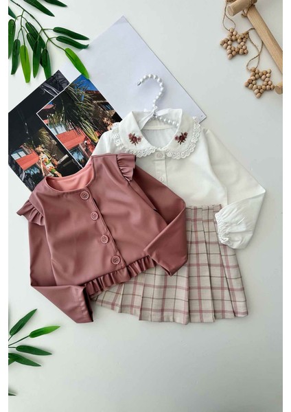 Yaka Nakış Detaylı Suni Deri Ceketli Kız Çocuk Şort etekli takım - Gül Kurusu fiyatları