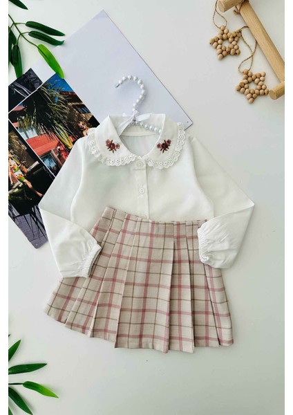 Yaka Nakış Detaylı Suni Deri Ceketli Kız Çocuk Şort etekli takım - Gül Kurusu modelleri