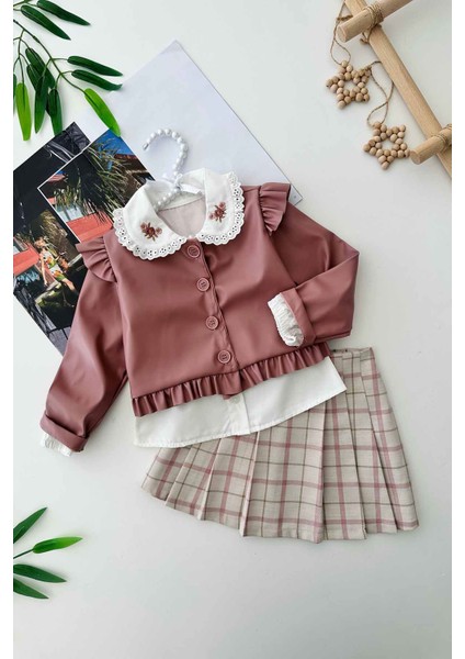 Yaka Nakış Detaylı Suni Deri Ceketli Kız Çocuk Şort etekli takım - Gül Kurusu fırsatları