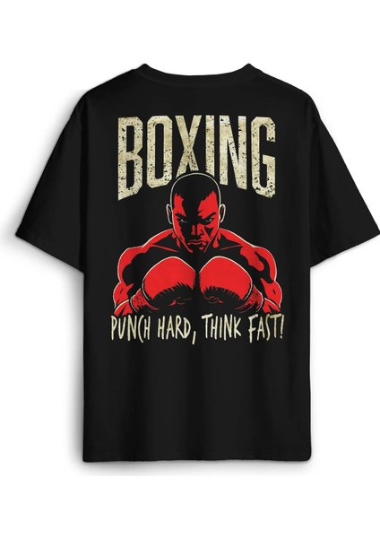 Boks Boxing Punch Hard Think Fast Spor Fight Baskılı Oversize T-Shirt Siyah Unisex Tişört
