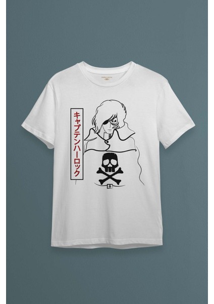 Beyaz T-Shirt Captain Harlock Anime Retro Uzay Korsanı Baskılı Unisex Tişört
