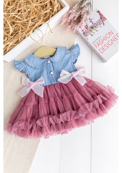 Fiyonklu Bebe Yakatüllü Şık Dogum Günü Özel Gün Kız Bebek Elbise
