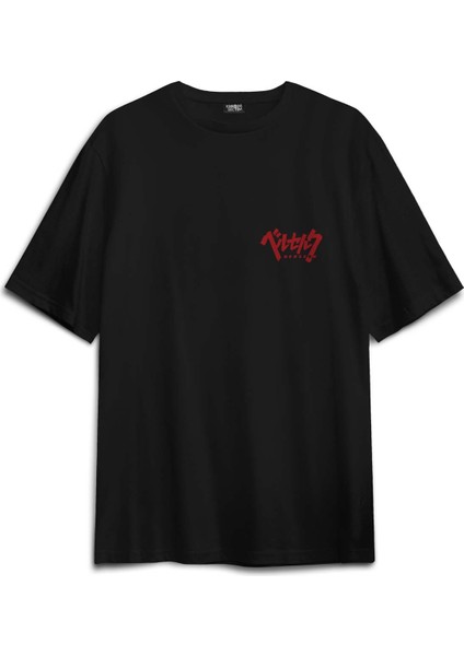 Unisex Pamuk Siyah Berserk Manga Anime Guts Kılıç Ön Sırt Baskılı Oversize Tişört