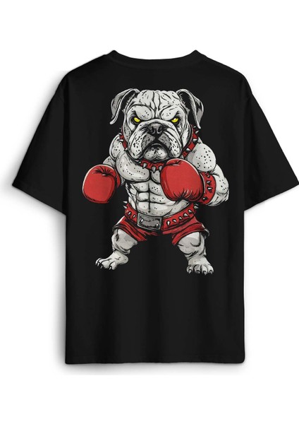 Boks Eldivenli Bulldog Boxing Köpek Fight Spor Gym Baskılı Oversize T-Shirt Siyah Unisex Tişört