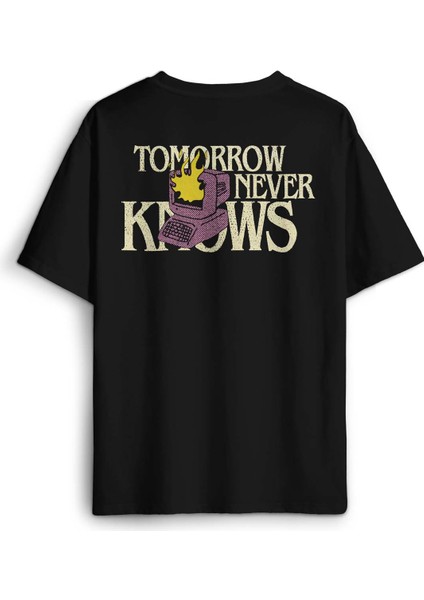 Siyah Oversize Tişört Tomorrow Never Knows Y2K Future Vintage Sokak Sırt Ön Baskılı Unisex T-Shirt fiyatları