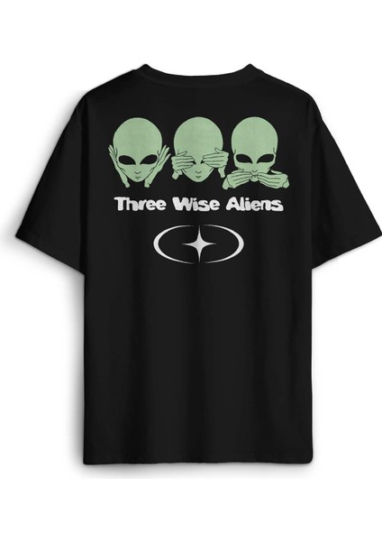 Siyah Tişört Three Wise Aliens Ufo Mars Uzay Kozmos Minimal Baskılı Oversize T-Shirt