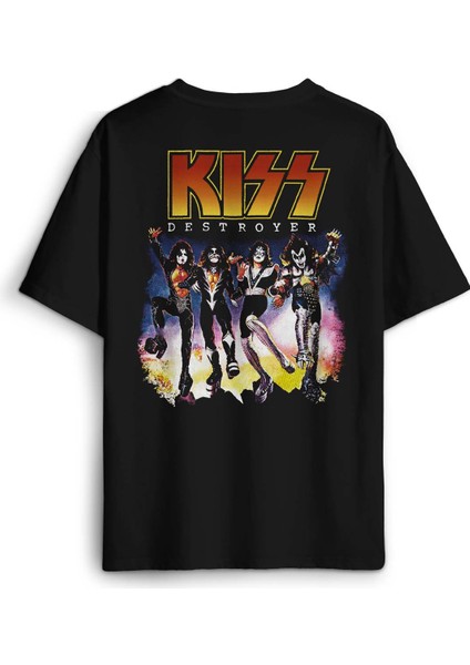 Siyah Oversize Tişört Kiss The Destroyer Rock Music Album Sırt Ön Baskılı Unisex T-Shirt