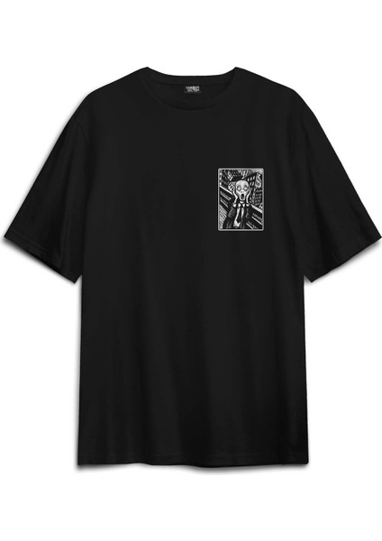 Siyah Oversize Tişört Scream Edward Munch Tablo Korku Ressam Sırt Ön Baskılı Unisex T-Shirt
