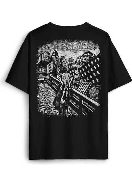 Siyah Oversize Tişört Scream Edward Munch Tablo Korku Ressam Sırt Ön Baskılı Unisex T-Shirt