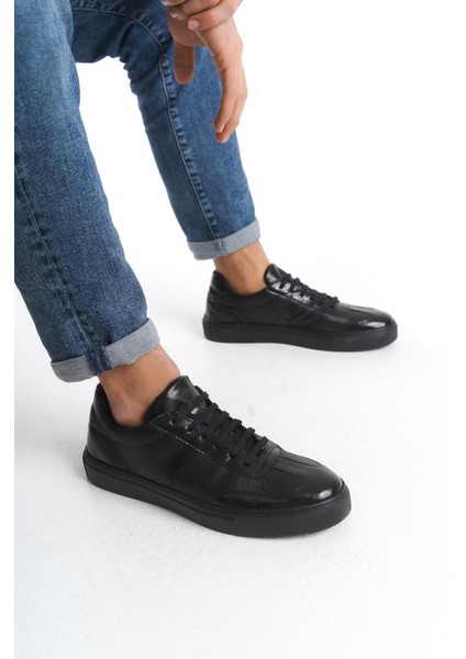 Erkek Deri Sneaker Bağcıklı Günlük Yanı Şerit Detaylı Spor Ayakkabı