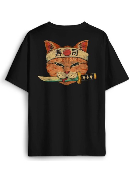 Siyah Unisex Cat Sushi Japanese Vintage Sokak Sırt Ön Baskılı Oversize Tişört