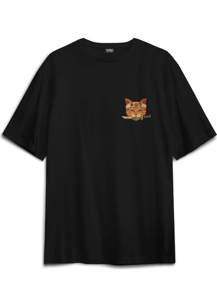 Siyah Unisex Cat Sushi Japanese Vintage Sokak Sırt Ön Baskılı Oversize Tişört fiyatları