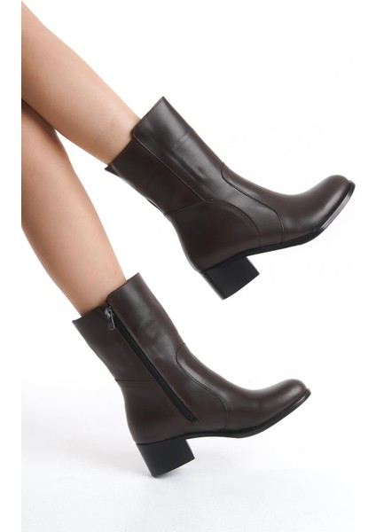 Kadın Deri Kısa Topuklu Fermuarlı Casual Şık Bot Tam Kalıp Kadın Kışlık Ayakkabı