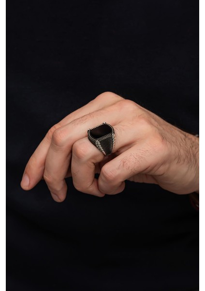 Oniks Taşlı Hasır Modeli 925 Gümüş Erkek Yüzük modelleri