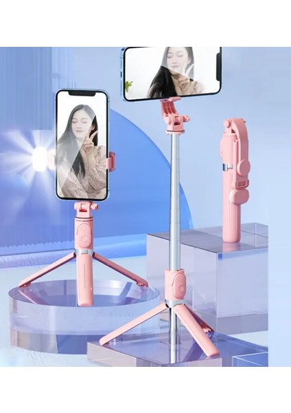 S03 LED Işıklı Tripod Bluetooth Kumandalı Üçü Birarada Selfie Çubuğu Monopod ( Pembe )