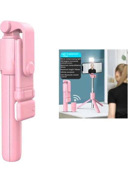 S03 LED Işıklı Tripod Bluetooth Kumandalı Üçü Birarada Selfie Çubuğu Monopod ( Pembe )