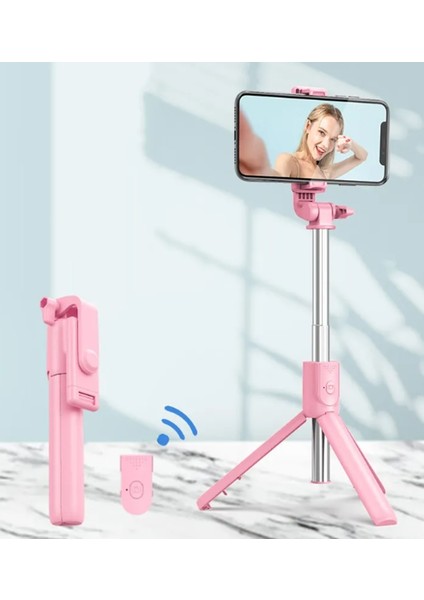 S03 LED Işıklı Tripod Bluetooth Kumandalı Üçü Birarada Selfie Çubuğu Monopod ( Pembe )