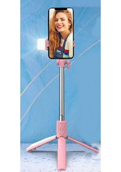 S03 LED Işıklı Tripod Bluetooth Kumandalı Üçü Birarada Selfie Çubuğu Monopod ( Pembe )