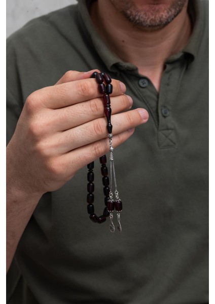 925 Ayar Gümüş Püsküllü Kapsül Kesim Koyu Kırmızı Kehribar Tesbih fiyatları