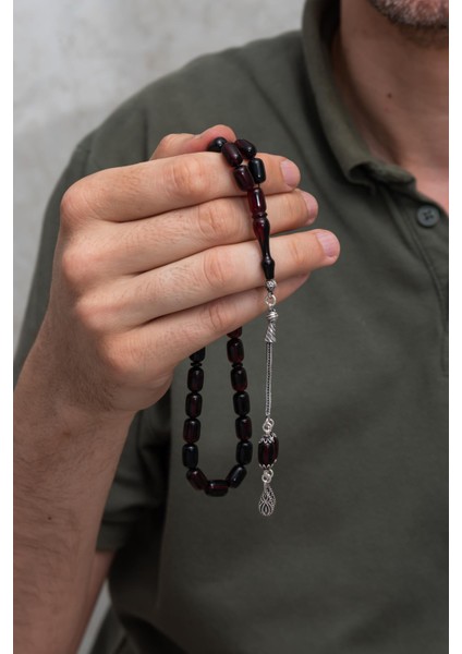 925 Ayar Gümüş Püsküllü Kapsül Kesim Koyu Kırmızı Kehribar Tesbih modelleri