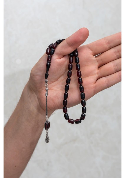 925 Ayar Gümüş Püsküllü Kapsül Kesim Koyu Kırmızı Kehribar Tesbih fırsatları