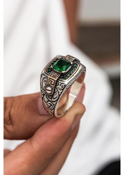 Yeşil Taşlı Erzurum Oyma Desenli 925 Gümüş Erkek Yüzük