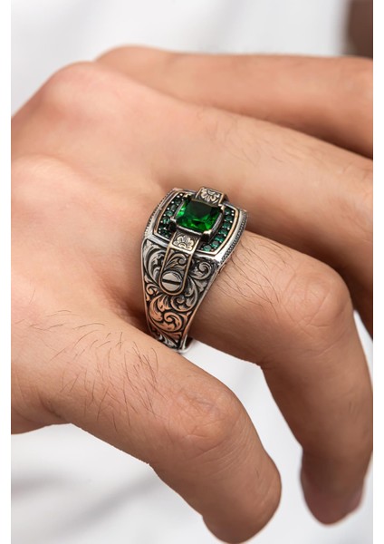 Yeşil Taşlı Erzurum Oyma Desenli 925 Gümüş Erkek Yüzük fiyatları