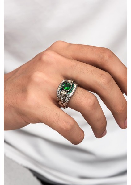 Yeşil Taşlı Erzurum Oyma Desenli 925 Gümüş Erkek Yüzük modelleri