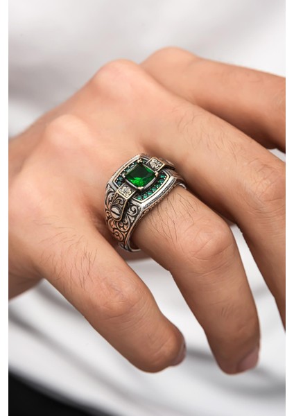 Yeşil Taşlı Erzurum Oyma Desenli 925 Gümüş Erkek Yüzük fırsatları