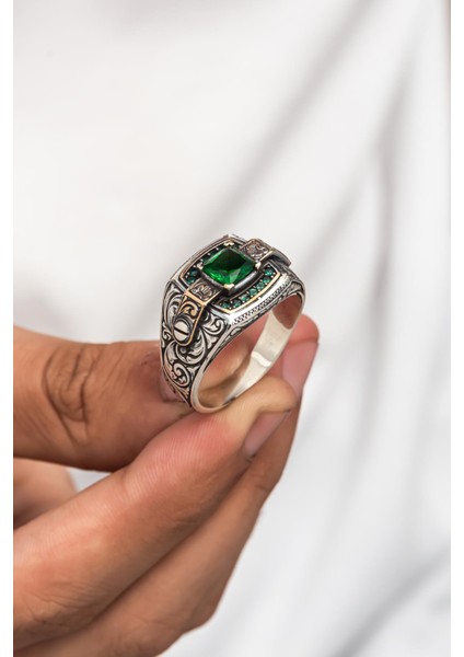 Yeşil Taşlı Erzurum Oyma Desenli 925 Gümüş Erkek Yüzük indirimleri